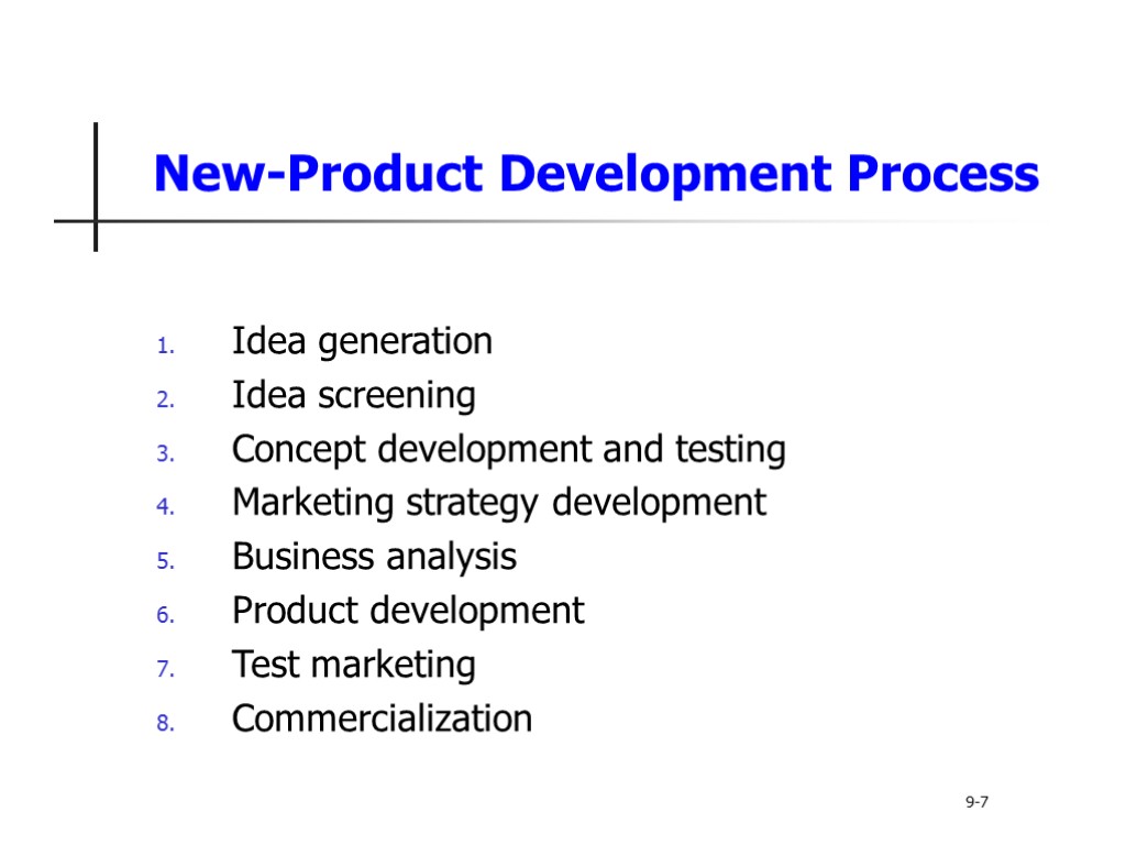 New-Product Development Process Idea generation Idea screening Concept development and testing Marketing strategy development